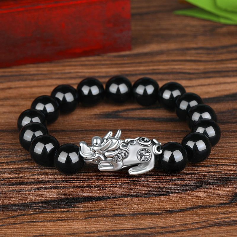 Sterg 3D Hard Retro Men's Domineering Thai Brave Fortune Ancient Sier Obsidian Beads Bracelet_voghion.com
