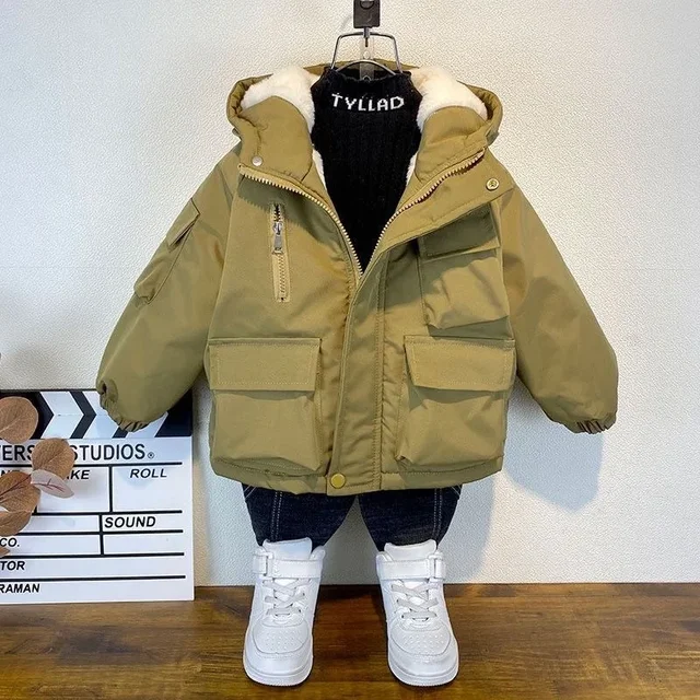 Nova jaqueta de algodão para inverno, casaco preto com capuz para meninos, roupas para crianças, adolescentes de 3 a 8 anos, parka acolchoado, traje de neve_voghion.com