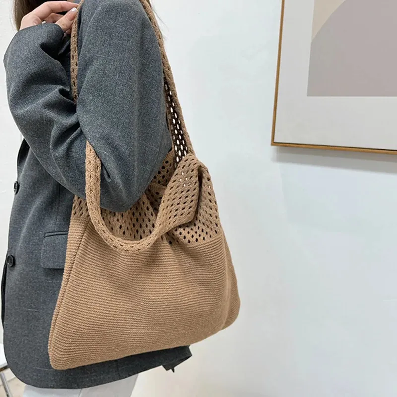 Lässige gewebte Damen-Umhängetaschen, gestrickte Handtaschen, große Kapazität, Shopper-Tasche, weibliche Strand-/Reise-Geldbörsen aus Baumwolle 240826_voghion.com