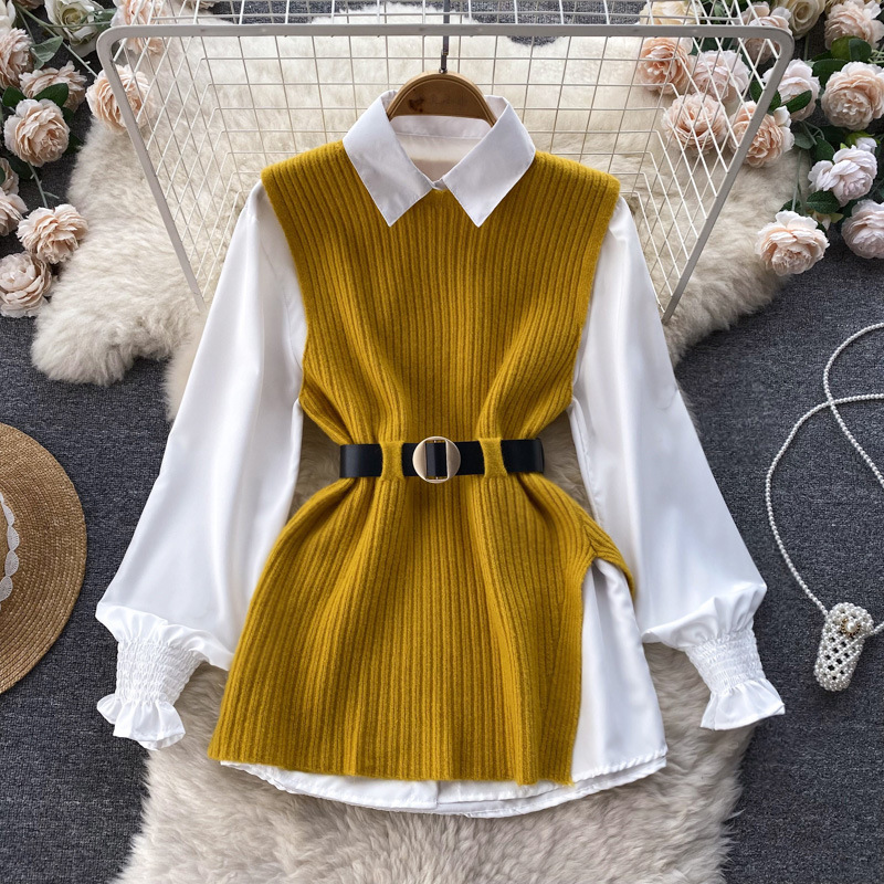 Women's loose long-sleeved shirt top + split knit vest vest two-piece set
