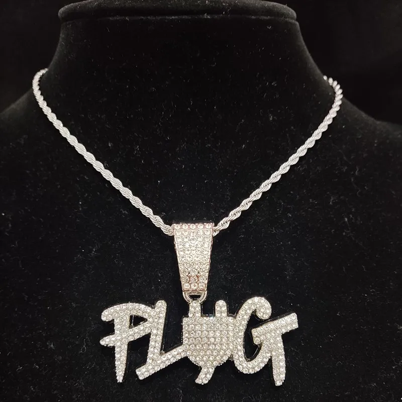 Colliers pendentifs hommes femmes Hip Hop PLUG collier lettre avec chaîne cubaine en cristal de 13 mm HipHop Iced Out Bling Fashion_voghion.com