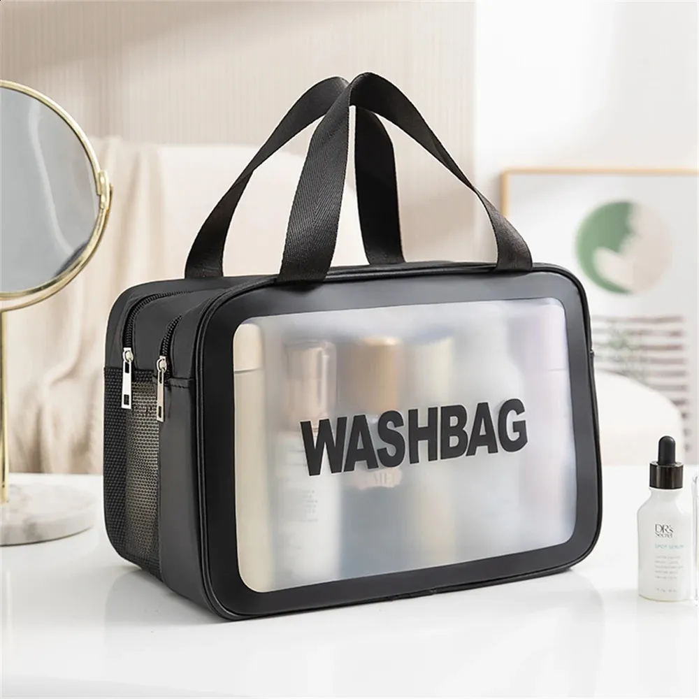 Fashion portable large capacity makeup Double layer frosted dry wet separation wash bag; Multifunctional travel storage_voghion.com