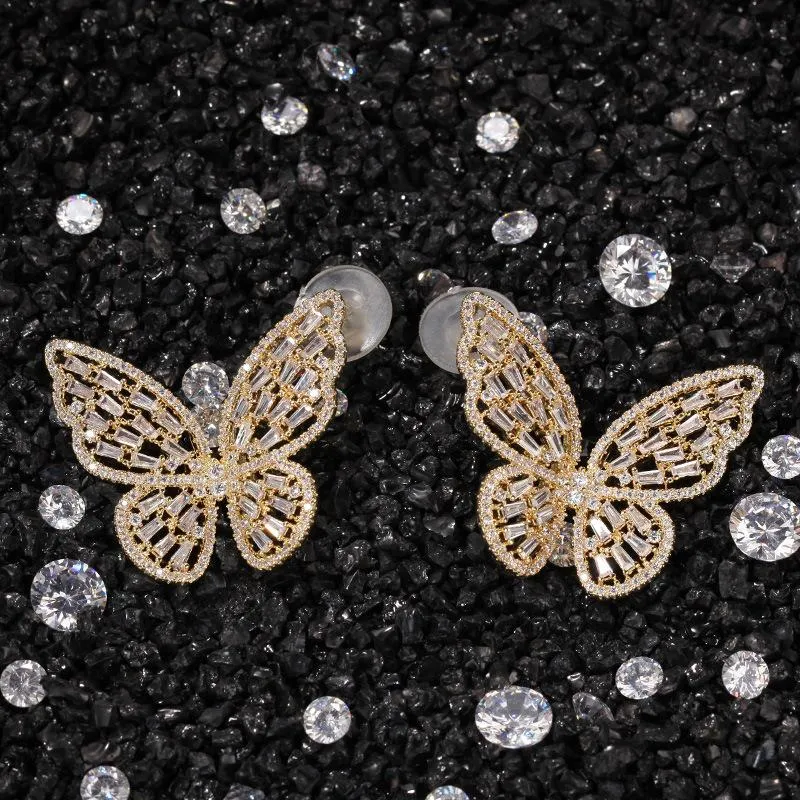 Boucles d'oreilles papillon en zircon cubique en or rose personnalisées, 4 couleurs, nouvelle mode punk, boucles d'oreilles à tige en diamant scintillant_voghion.com