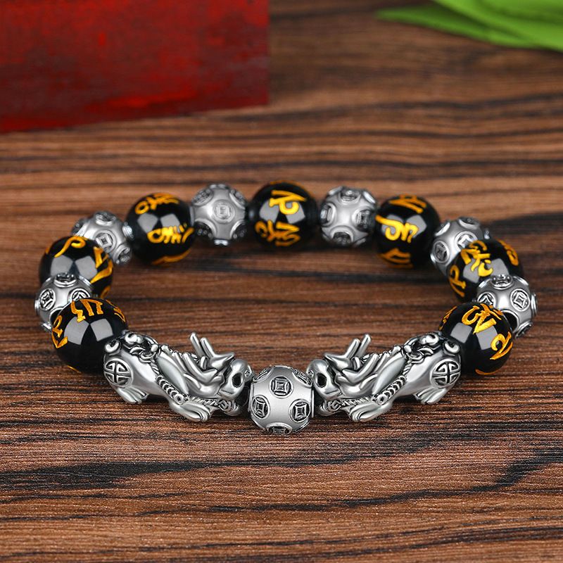 Sterg 3D Hard Retro Men's Domineering Thai Brave Fortune Ancient Sier Obsidian Beads Bracelet_voghion.com