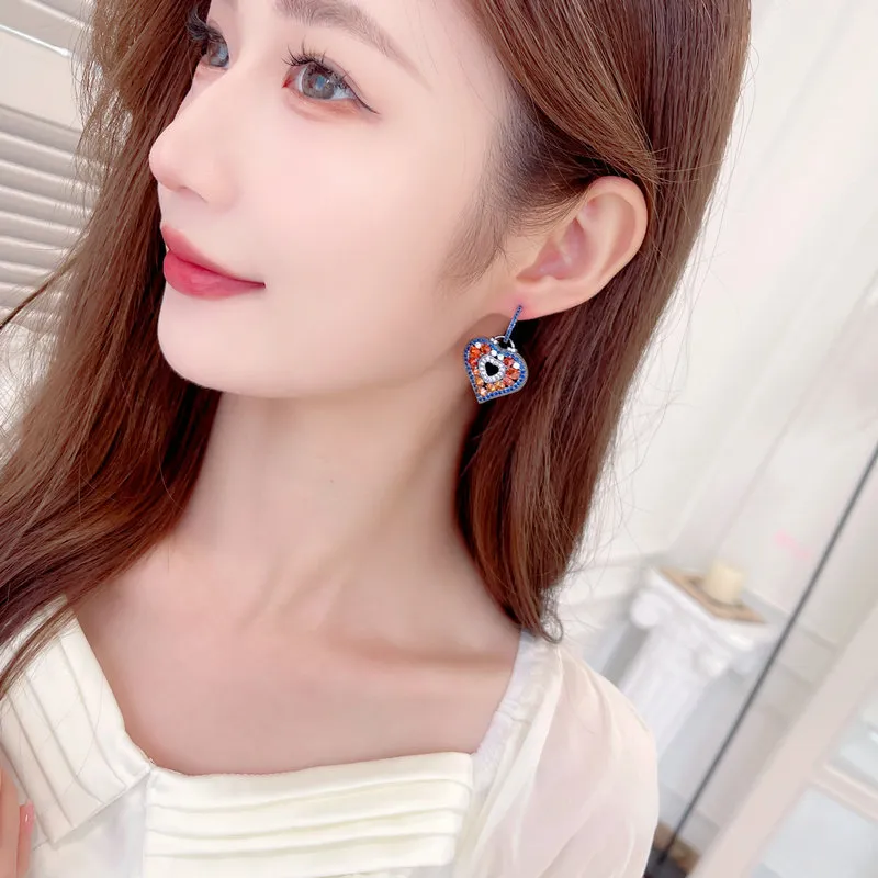 Shaped Earring Retro Colored Micro Inlaid Zircon Geometric Women's Fashion Heavy Industry Peach Heart Earrings Designer_voghion.com