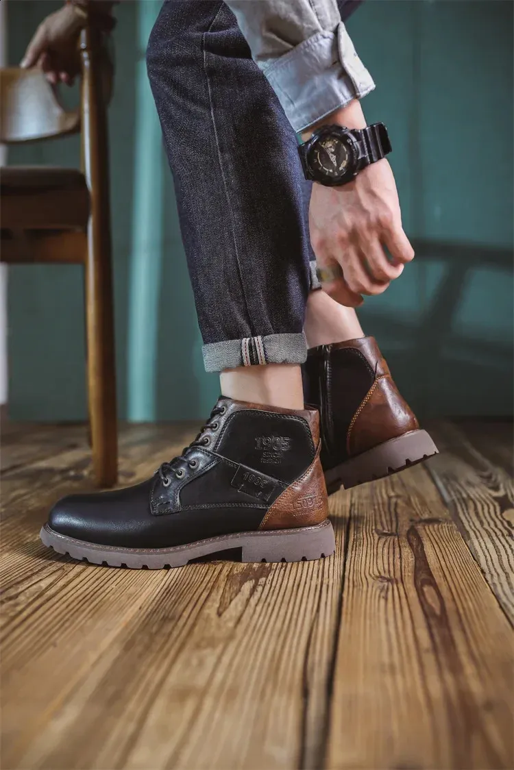 Bottines de travail en cuir marron pour homme, faites à la main, pour l'automne et l'hiver, style vintage, en tendon de bœuf, 240830_voghion.com