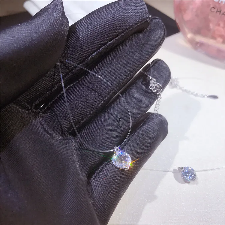 Colier din argint sterlin autentic cu zirconiu orbitor, invizibil, transparent, cu fir de pescuit, pandantiv simplu, lanțuri de bijuterii cu personalitate_voghion.com