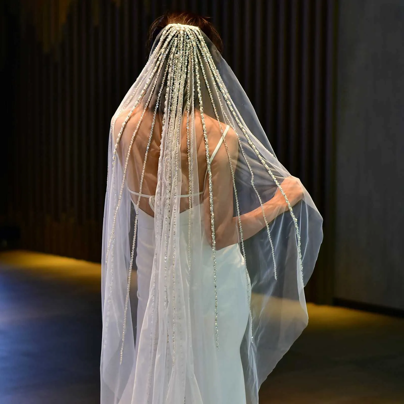 Velo da cattedrale con perline di cristallo, 1 strato, argento, tulle con perline, accessori da sposa bianchi per la sposa_voghion.com