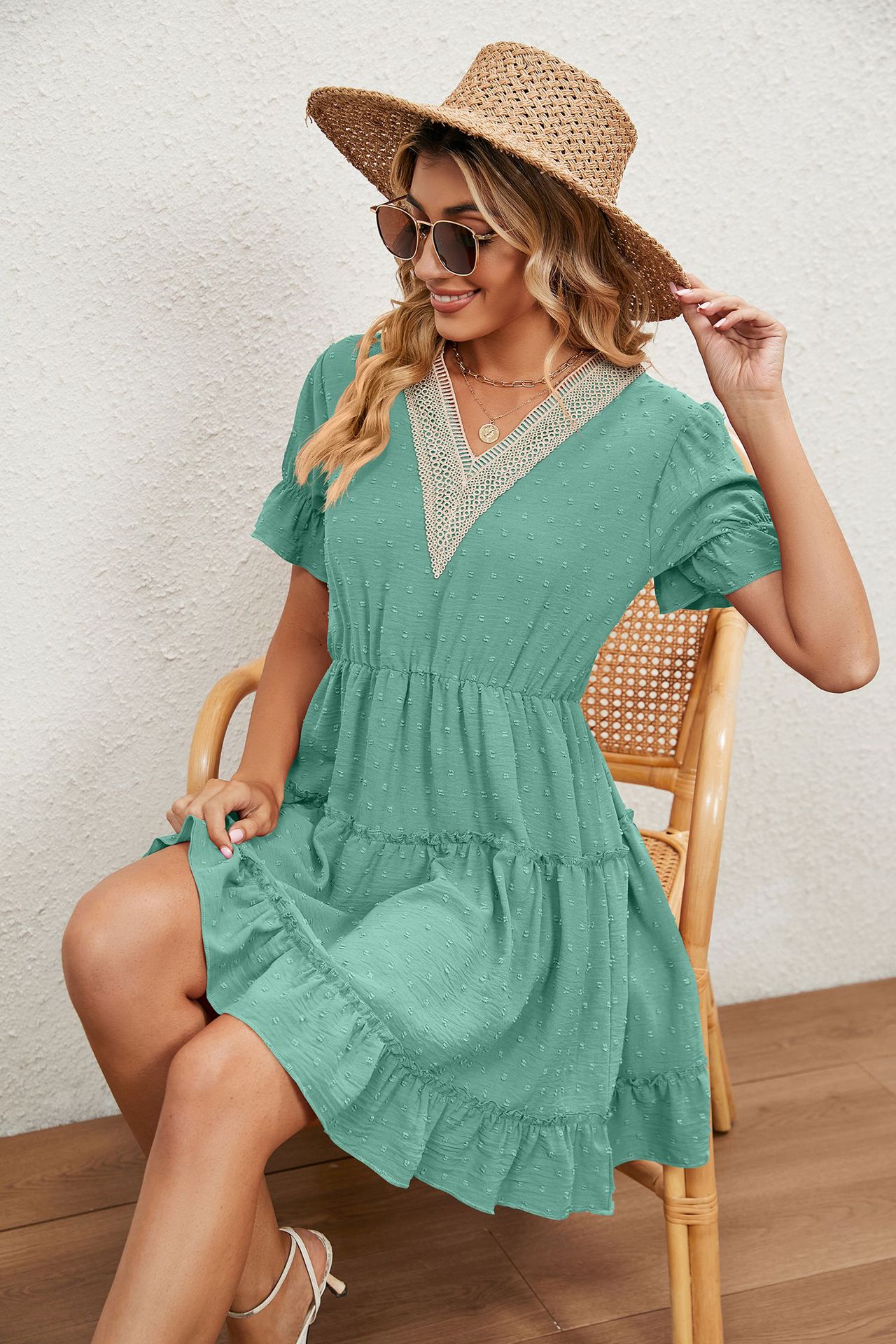 Damen-Kleid aus Jacquard-Wollknäuel mit V-Ausschnitt, lockeres, festes Kleid mit elastischer Taille_voghion.com