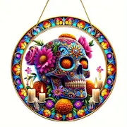 Vibrant Sugar Skull Suncatcher - 9" Stained Acrylic Art. Festive Decor For Dia De Muertos Celebrations Or Cafe Spaces._voghion.com