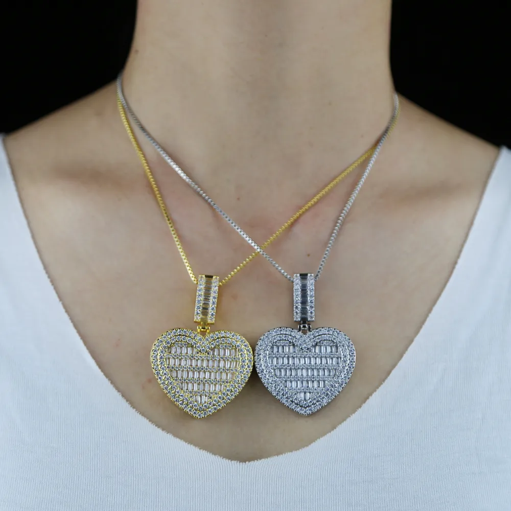 Chains Valentine's Day Gift Women Men Micro Paved 5A Cubic Zirconia Baguette Cz Big HipHop Full Iced Out Heart Pendant_voghion.com