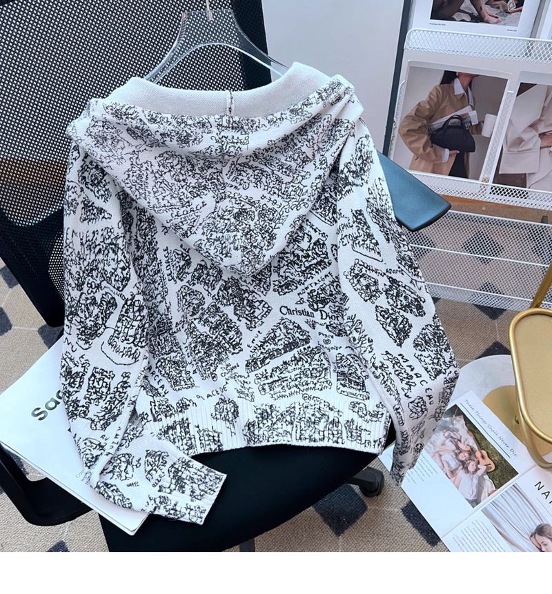 Damenbekleidung Design Sense abstrakte Musterstickerei Kordelzug Kapuzenstrickjacke_voghion.com