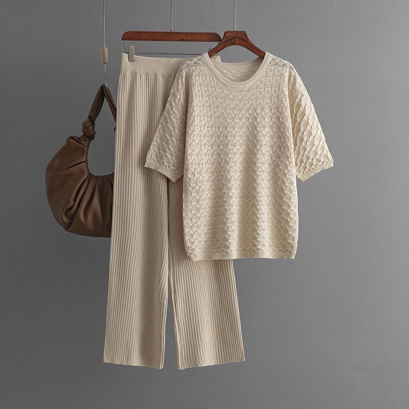 Pantaloni da donna nuovi, tinta unita, casual, scollo rotondo, alla moda, a maniche corte, in maglia, due pezzi_voghion.com