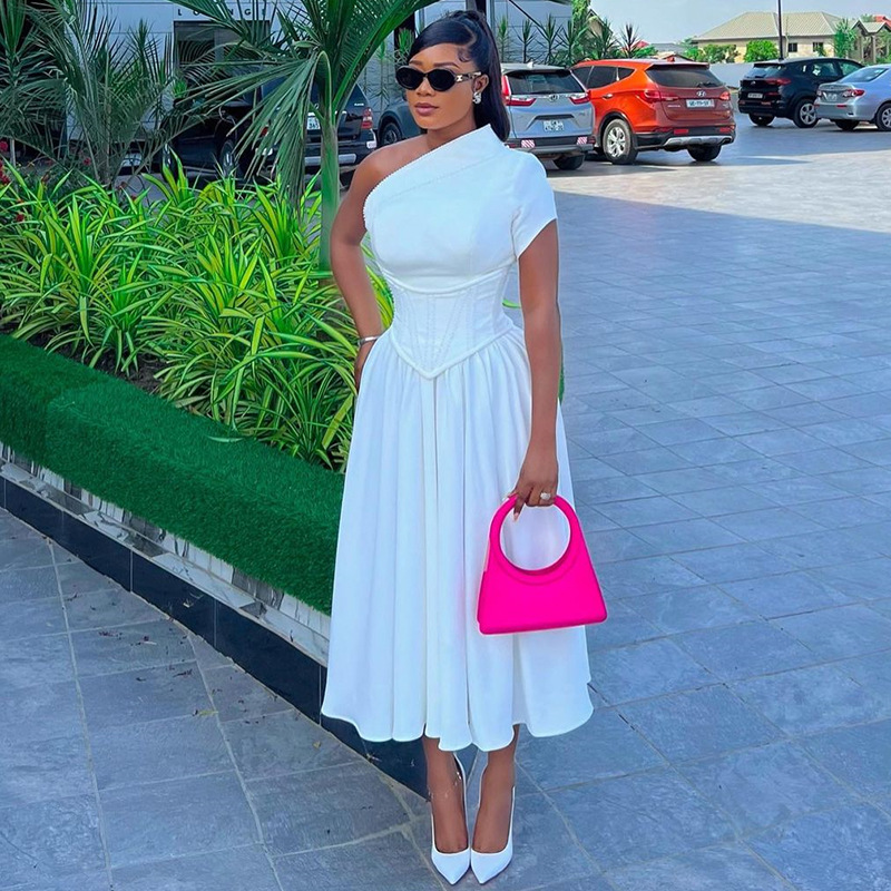Women's  summer new style oblique collar short-sleeved waist herringbone mid-length dress