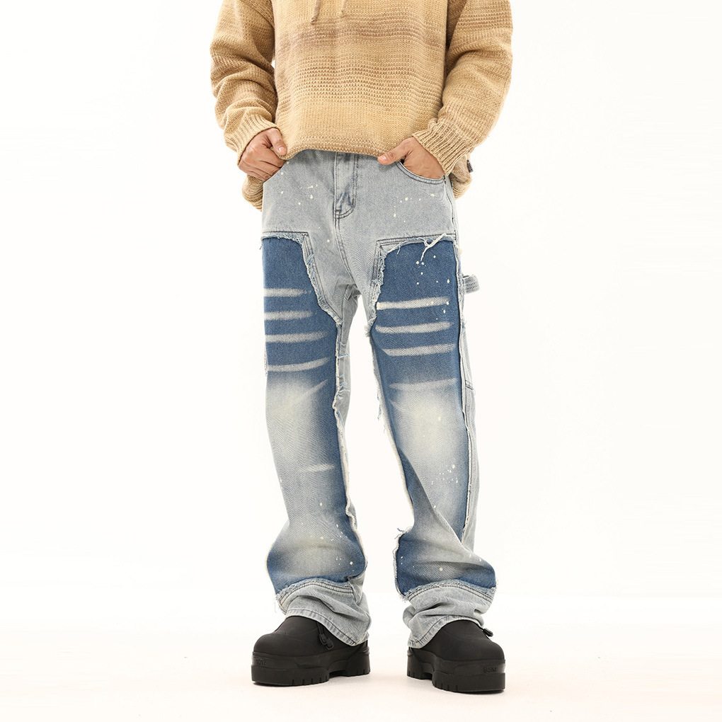 Vêtements pour hommes High Street Jeans délavés et détruits Pantalons droits amples à coutures bicolores