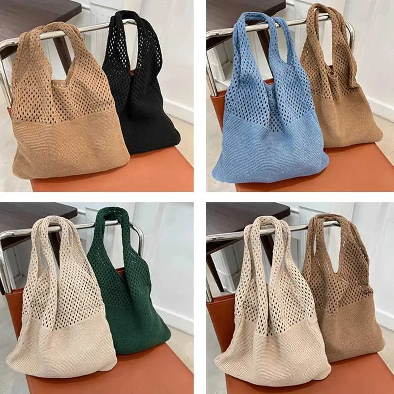 Gebreide tote tas dames retro schoudertas voor strand en zomer_voghion.com