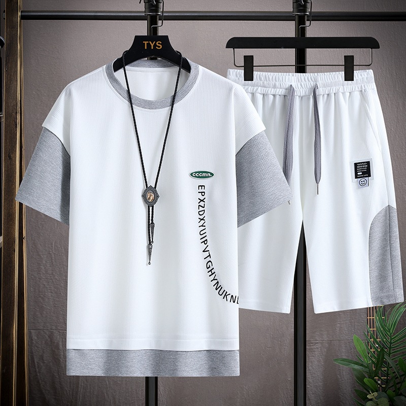 Costume d'été deux pièces pour hommes, style coréen, tendance, adolescent, ample, tendance, marque, brodé, t-shirt à manches courtes, short