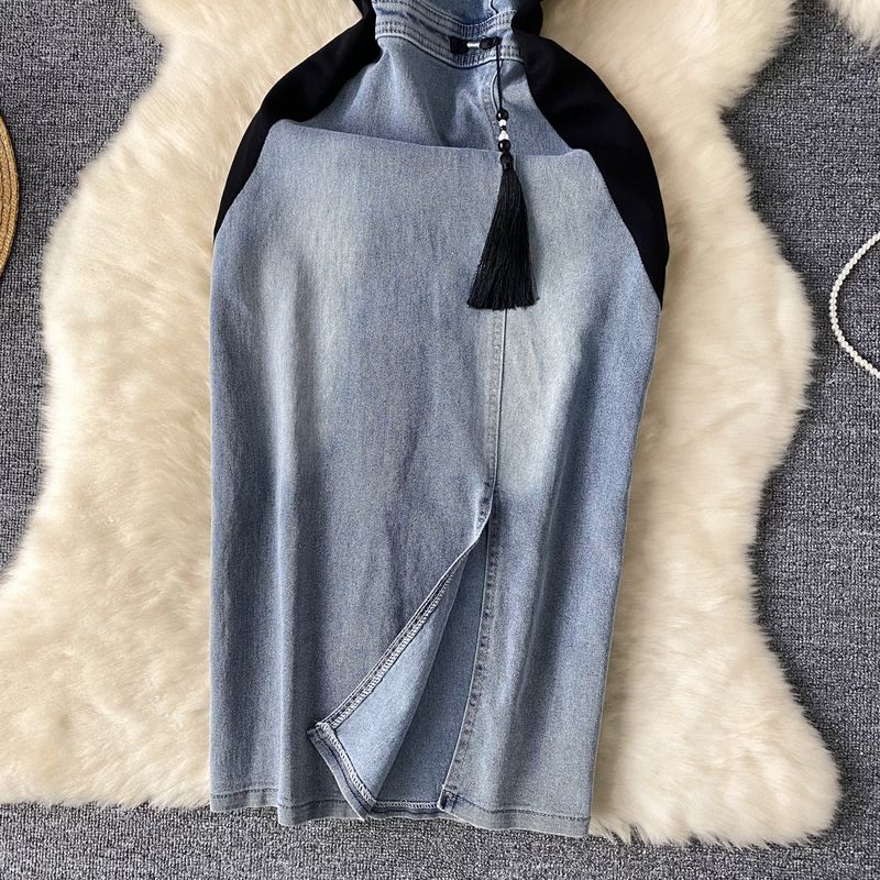 Kadın Giyim Retro ulusal trend tarzı kot elbise kadınlar için retro nakış bel inceltici yırtmaç kalça sarma moda_voghion.com