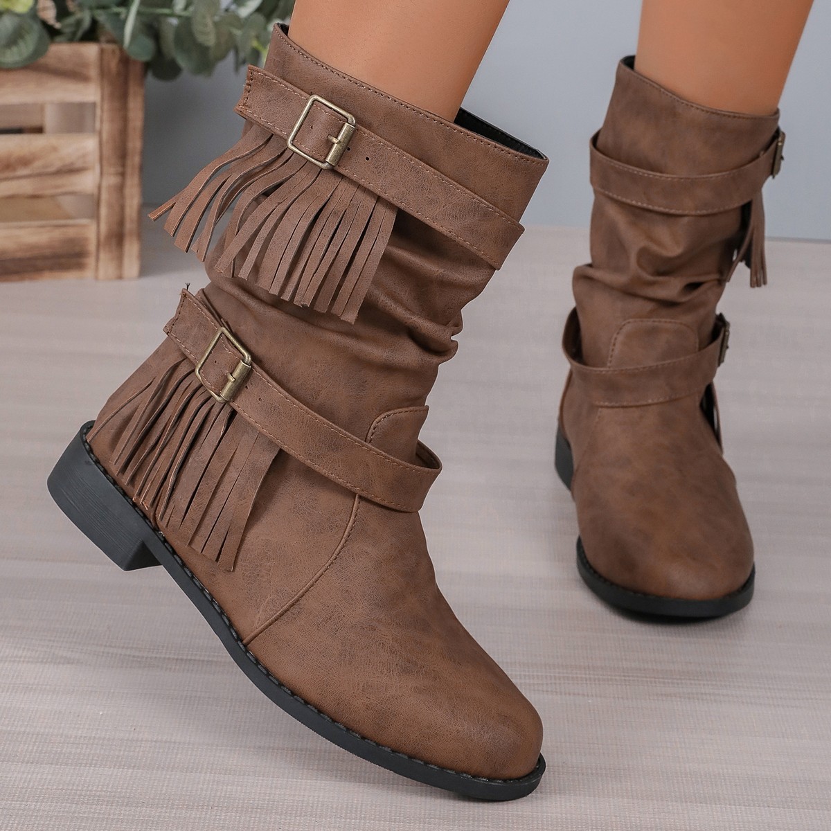 Bottes Martin rétro à talons épais et à tête ronde avec boucle de ceinture à eau, bottes courtes de grande taille, bottes croisées à bas canon