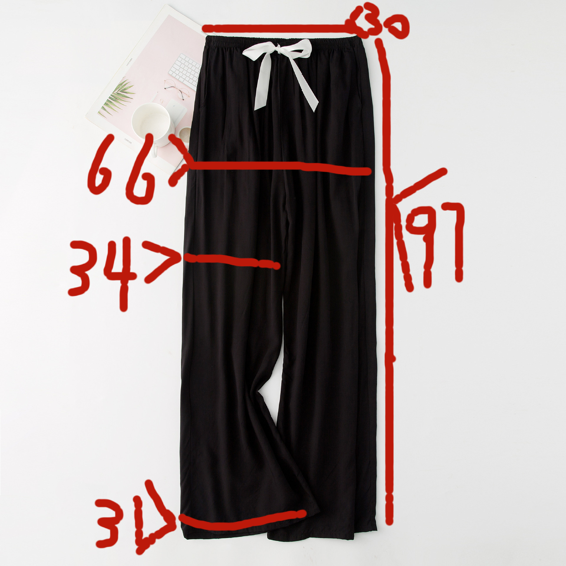Pijamas de mujer Pantalones de pijama de seda de algodón para mujer Pantalones anchos de cintura alta de color liso con diseño de caramelo Pantalones finos_voghion.com