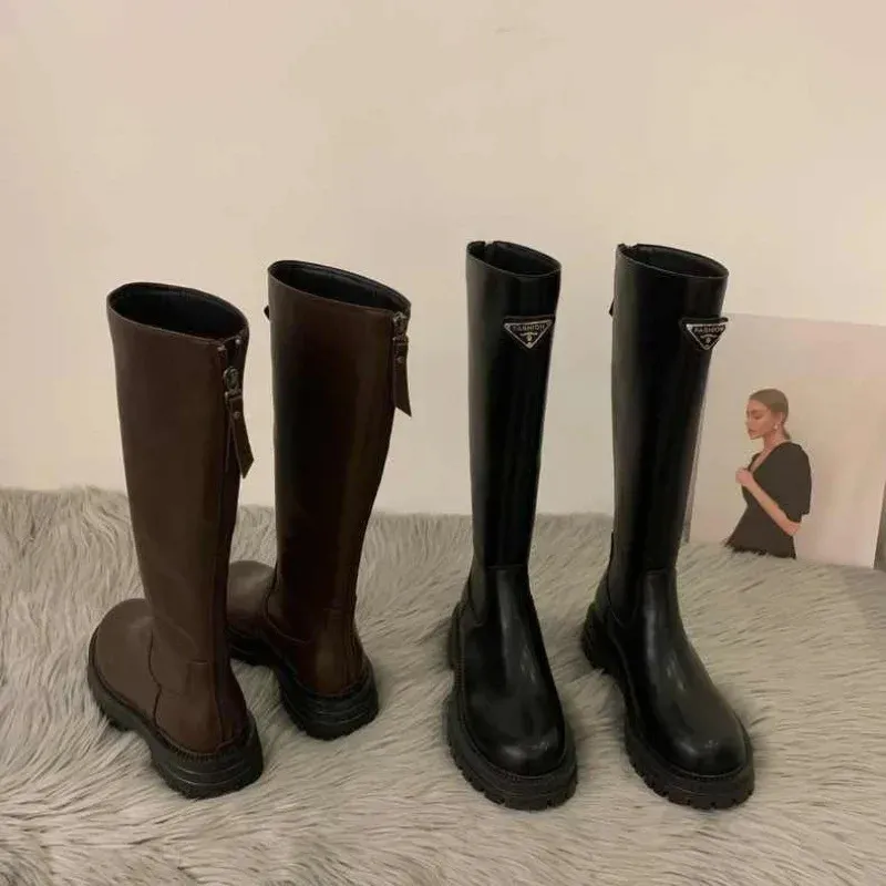 Cizme de damă la modă cu toc gros, cu platformă lungă și evazată, pentru toamnă/iarnă, versatile, cu fermoar la spate, 240918, Triangle Label_voghion.com