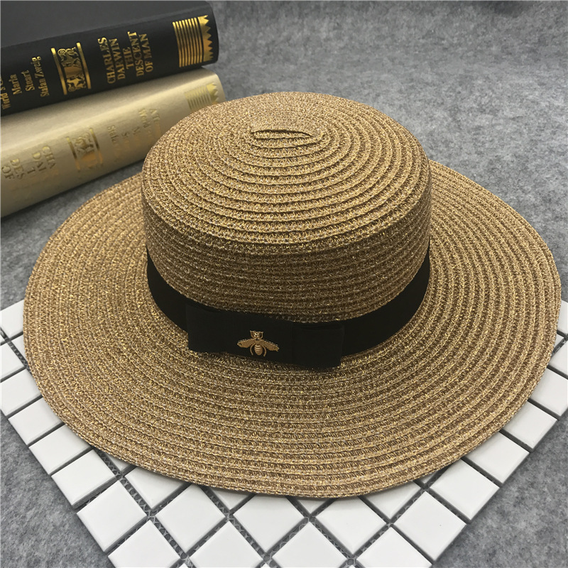 New Arrivals Hot Summer Women Holiday Stylish Ins Beach Straw Hat Gold Sier Protection Ribbob Visor Caps Flat Sun hats Ladies Girls