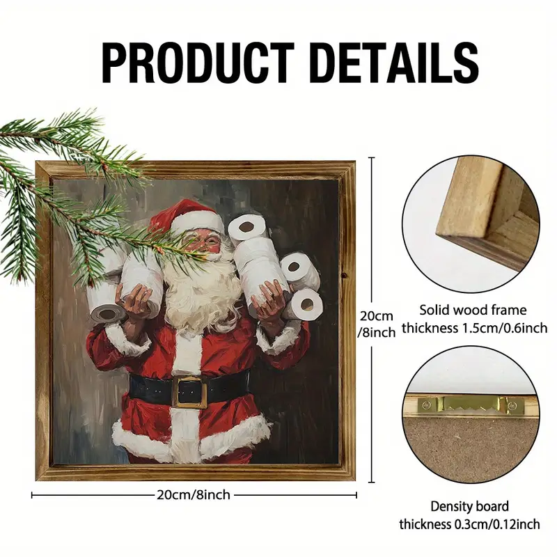 Semn rustic din lemn cu Moș Crăciun, 20x20 cm, semn rustic din lemn cu Moș Crăciun - Decor baie cu ramă pentru casă și birou, artă murală de sărbători_voghion.com