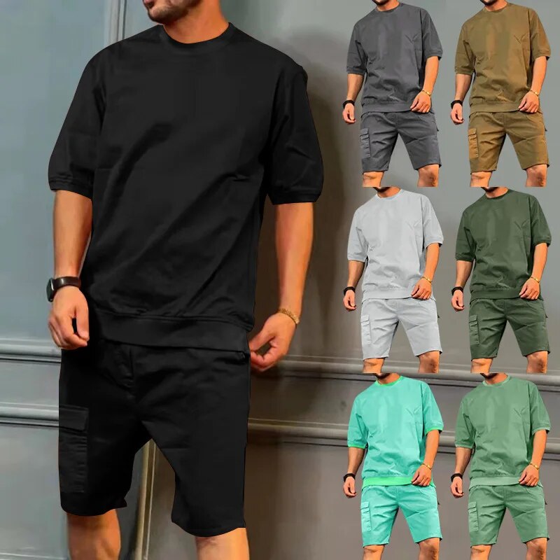 2024 New Summer Men's Sports Multi-Bag Pants Trendy Casual Short-Sleeved Shorts Personalized Suit_voghion.com