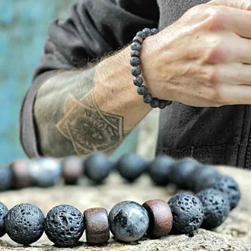 Lava Stone And Wood Beaded Bracelet For Men Natural Stone Bangles_voghion.com