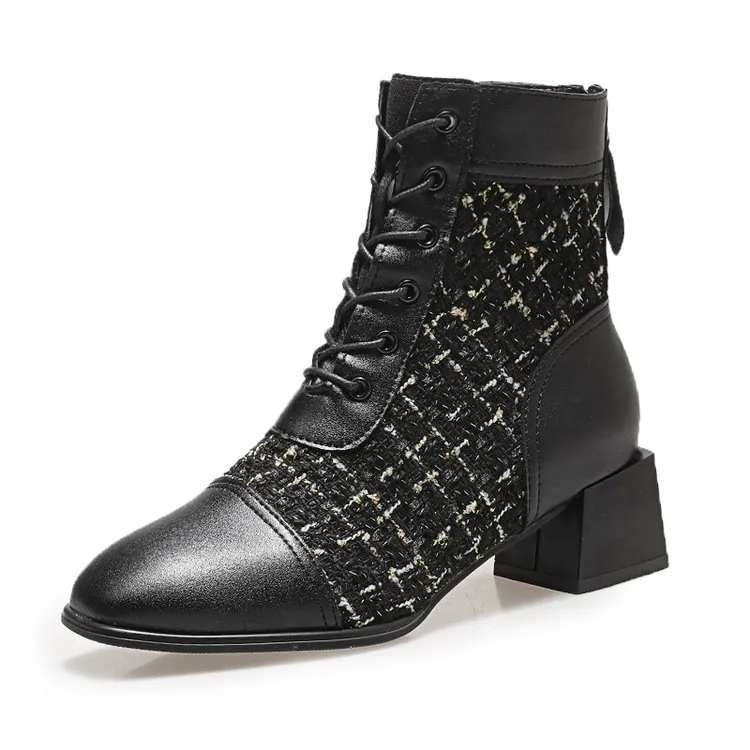 Stivali da donna alla moda con tacco alto, allacciati sul retro, con cerniera, a quadri con mille uccelli, spessi e quadrati, versatili_voghion.com