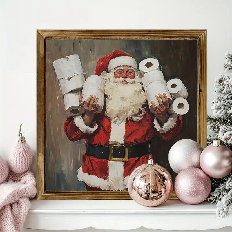 Semn rustic din lemn cu Moș Crăciun, 20x20 cm, semn rustic din lemn cu Moș Crăciun - Decor baie cu ramă pentru casă și birou, artă murală de sărbători_voghion.com