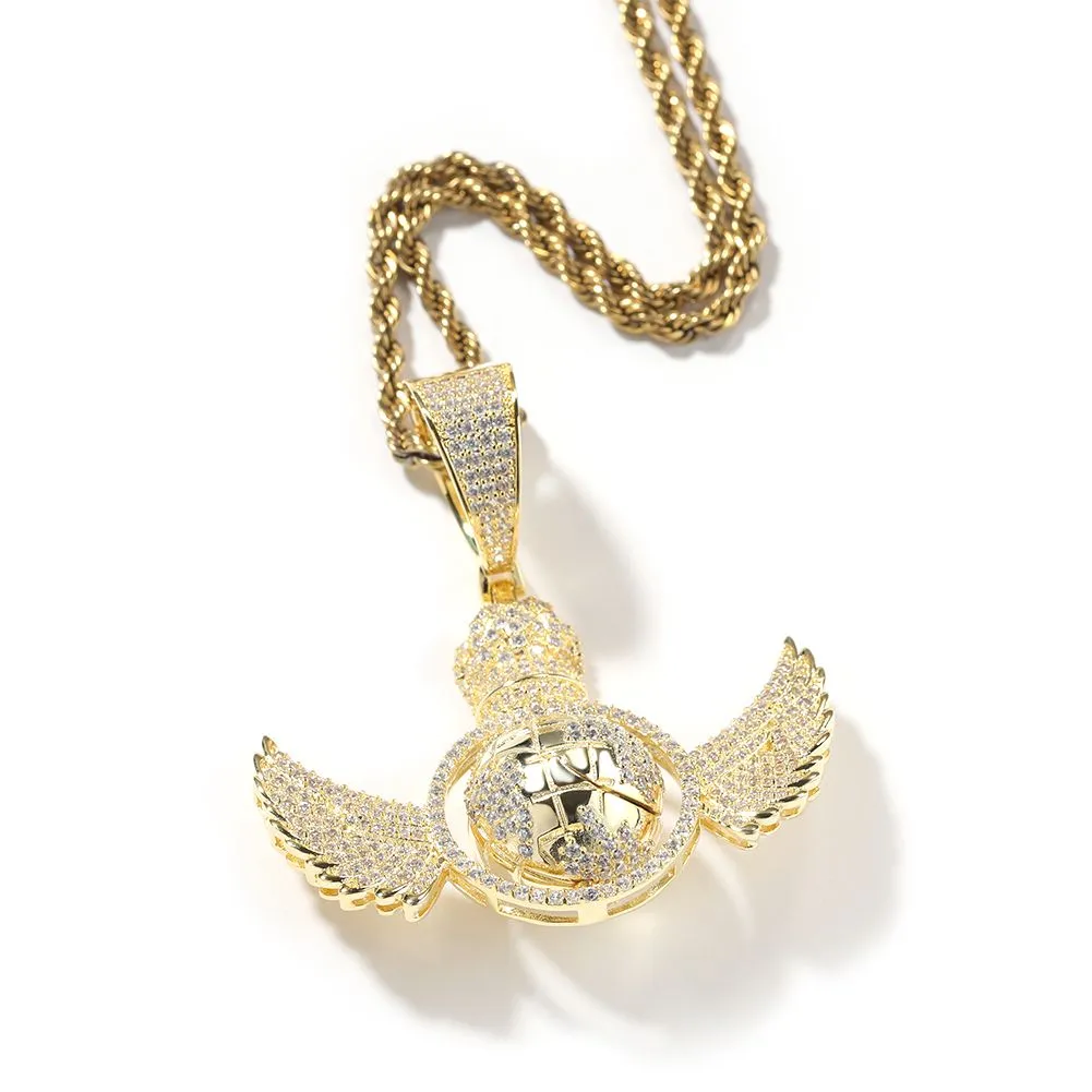 Hip Hop Engelsflügel drehen den Globus Anhänger Halskette voller 5A Zirkon echt vergoldet Schmuck_voghion.com