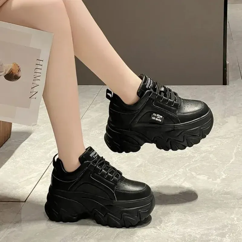 White Black Chunky Women Spring Autumn Thick Bottom Shoes Womans Fashion PU Leather Platform Sneakers Ladies Lace-up_ecoleips.com