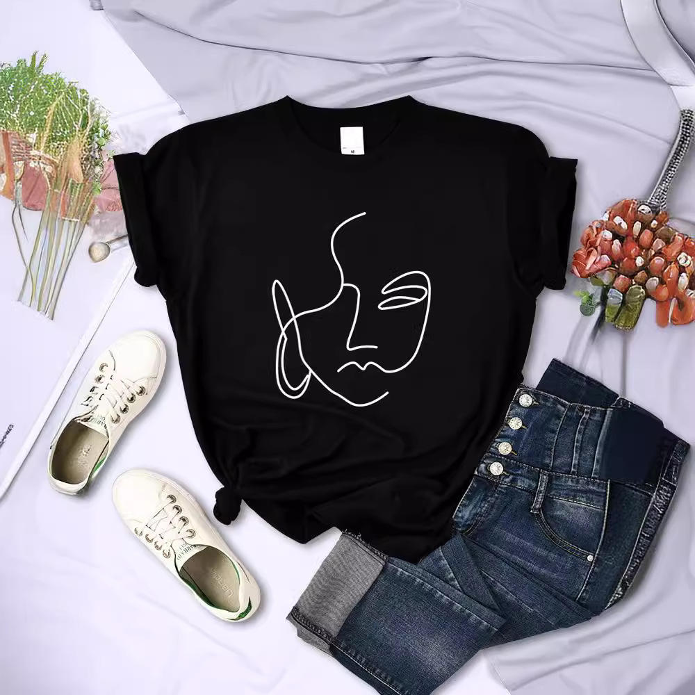 Abstract and minimalist facial print hip-hop breathable short sleeved soft street casual top women's T-shirt clothing