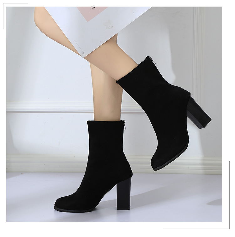 Bottes Martin à bout pointu et mi-tube pour femmes, talons hauts, à la mode, slim, fermeture éclair au dos, en daim, talon épais, nouvelle collection_voghion.com