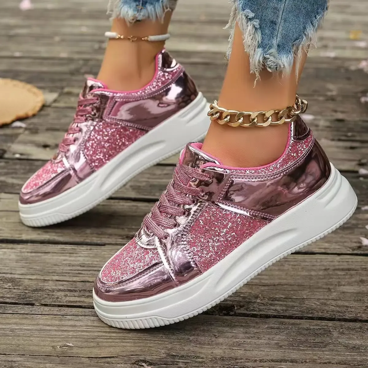Women's Gold Sequins Platform Sneakers Autumn Fashion Casual Sports Thick Bottom Vulcanized Woman Flats Heels Shoes_voghion.com