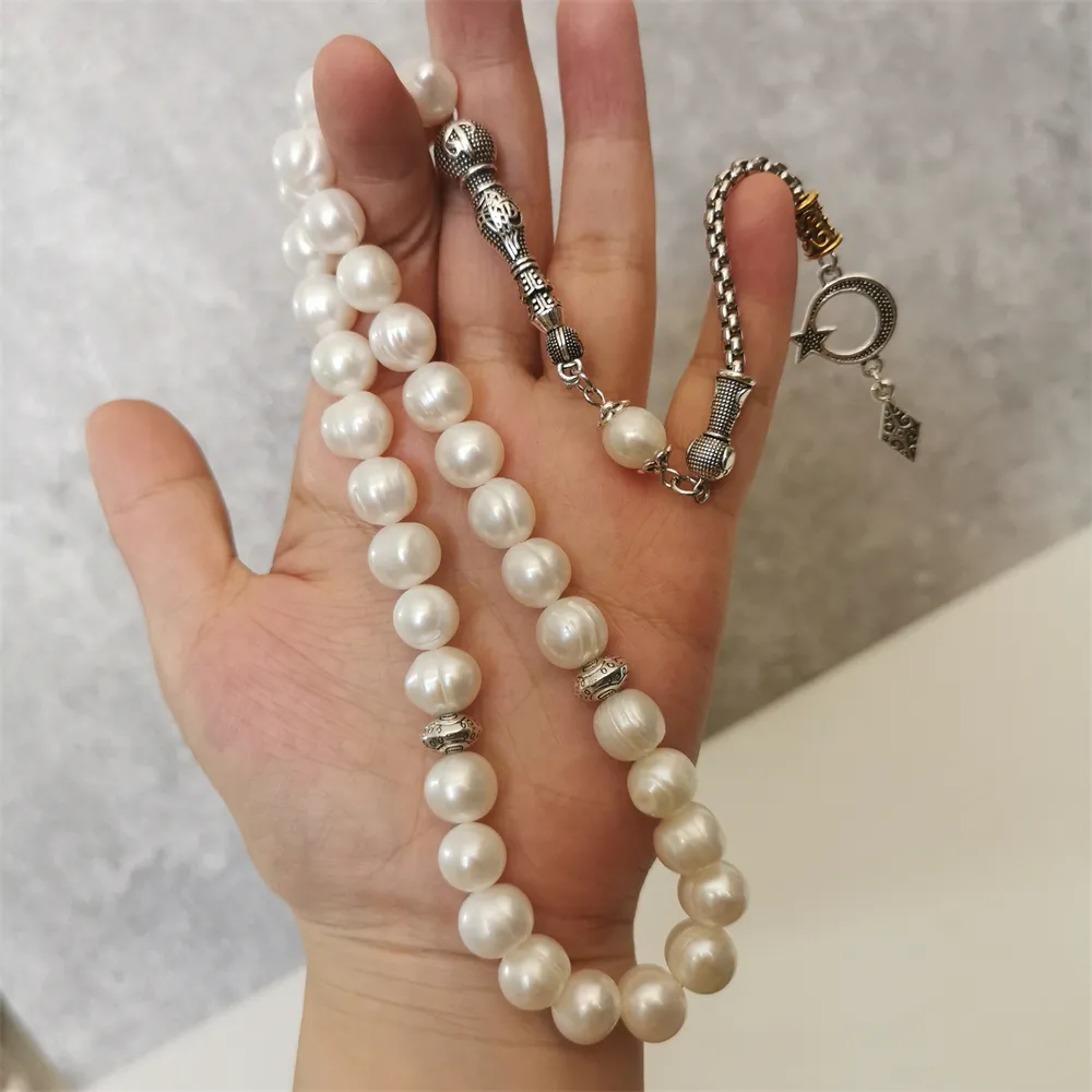 Strand islamiskt rosenkranshalsband 11-12mm Storlek Naturlig sötvattenspärla Muslimska bönpärlor Tasbih Misbaha Subha Bröllop_voghion.com