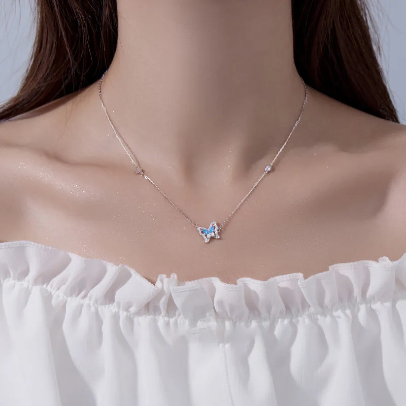 Chaînes en argent sterling avec pendentif papillon brillant pour fille douce, bijoux élégants à la mode, chaîne de clavicule pour femmes_voghion.com