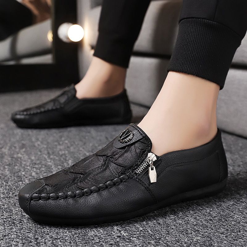 Men's Shoes Four season single retro zipper, casual leather men's slip-on, lazy soft-soled driving pea shoes, men_voghion.com
