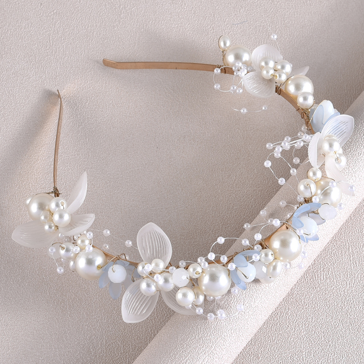 Haarschmuck für die Brauthochzeit, weiches Kettenstirnband mit weißen Blumen und handbestickten Perlen, Girlandenkrone für Mädchenkleider_voghion.com