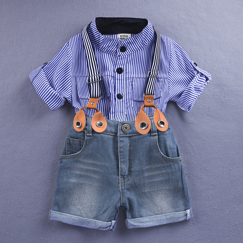 Mutter & Kinder kinder anzug Hübscher junge blaues hemd denim hosenträger_voghion.com