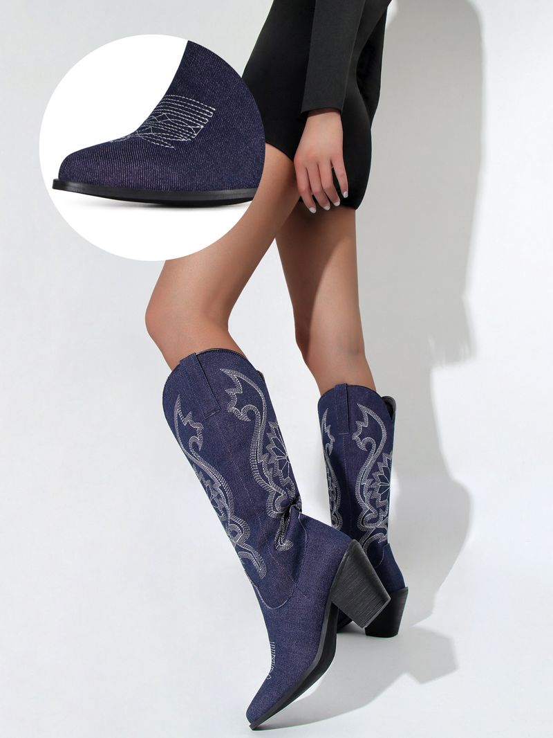 Spitzer Westernstiefel aus Wildleder-Denim mit Stickereien und klobigem, mittelhohem Absatz_voghion.com