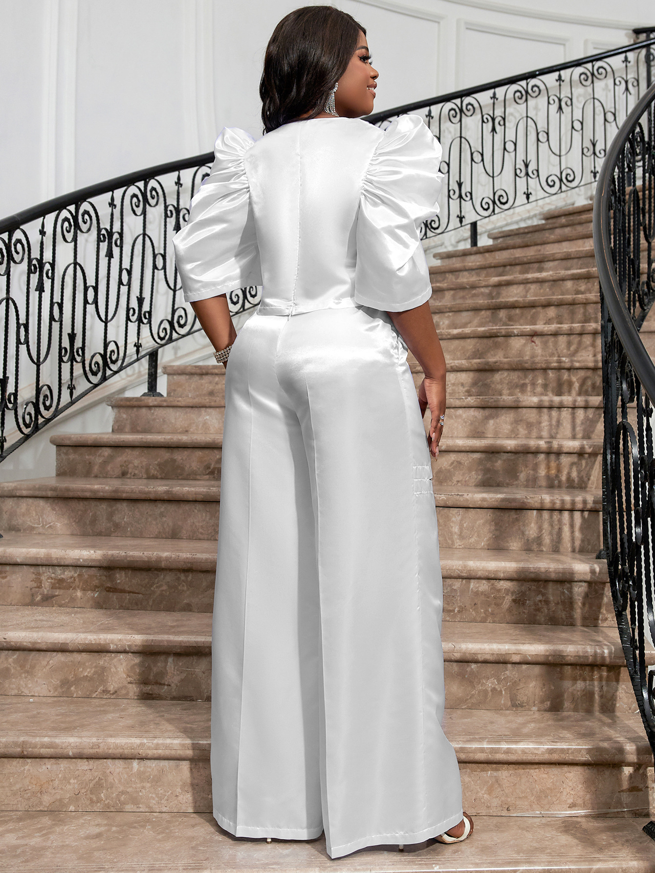 Women's solid color half-open collar top high waist wide leg pants suit large size female two-piece set_voghion.com
