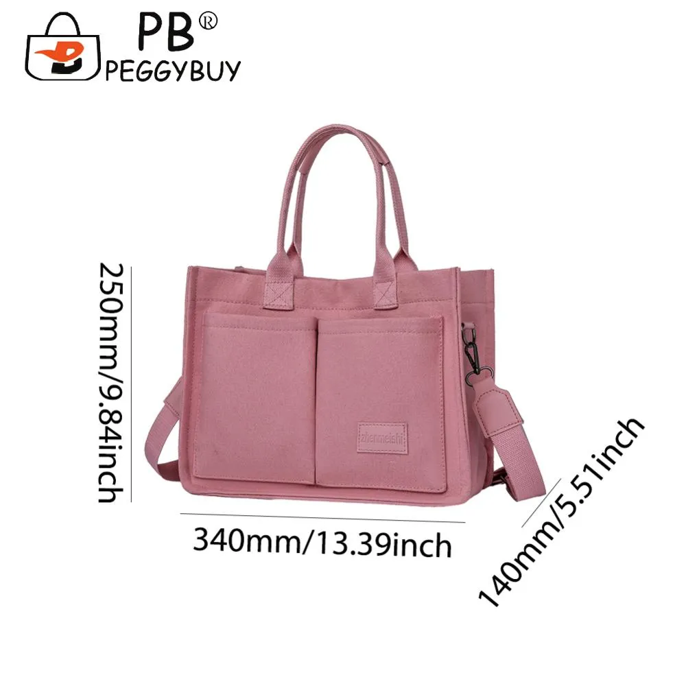 Women Fashion Shoulder Large Capacity Canvas Simple Shopping Adjustable Strap Multi Pockets Casual Satchel Bag_voghion.com