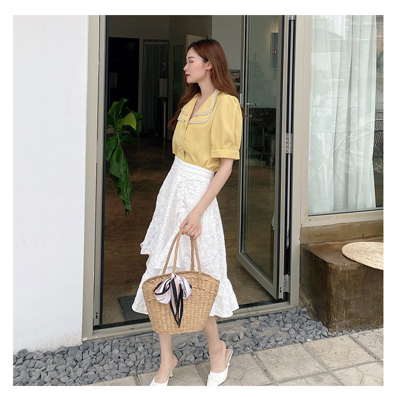 Korean style new straw woven bag women's fashion silk scarf summer straw woven bag hand-held seaside holiday handbag_voghion.com
