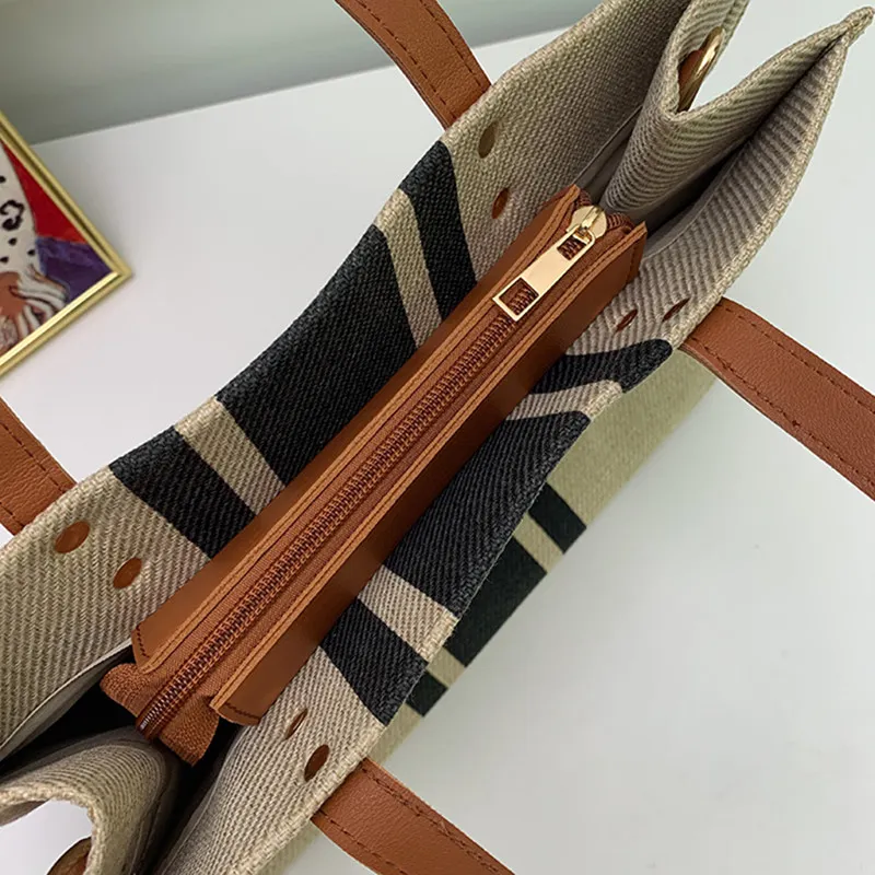 Borsa a mano da donna, semplice, alla moda, di grande capacità, vintage, a righe, portatile, stile coreano._voghion.com