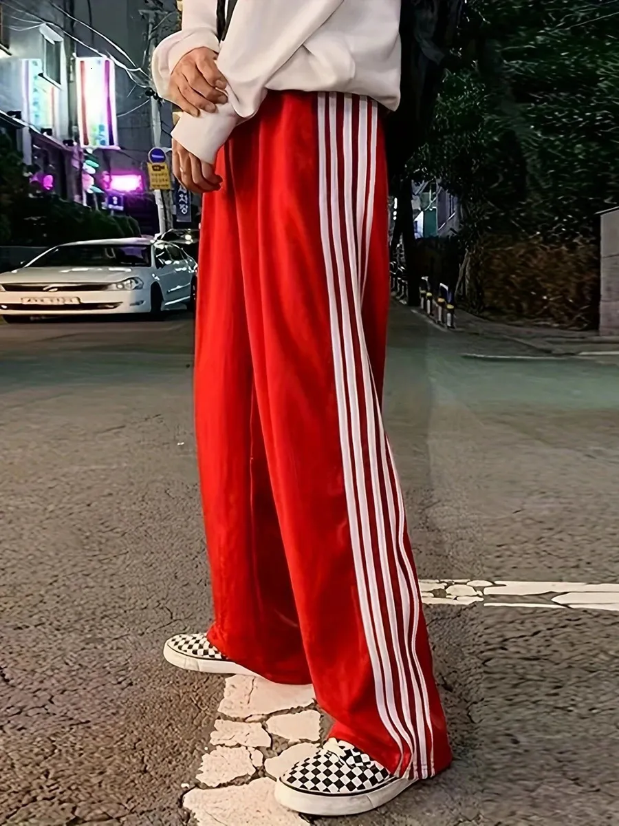 Women Y2k Wide Leg Track Pants Baggy Side Striped Joggers Sweatpants Elastic Waist Color Block Parachute With Pockets_voghion.com