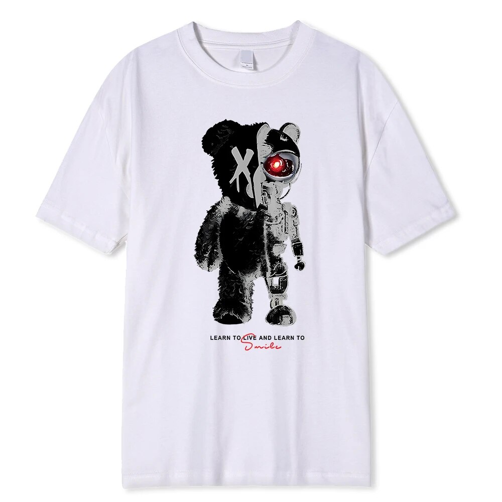 Ours en peluche, demi-ours robot imprimé T-Shirt pour hommes, vêtements d'été décontractés en coton, dessus respirants, T-Shirt ample à la mode