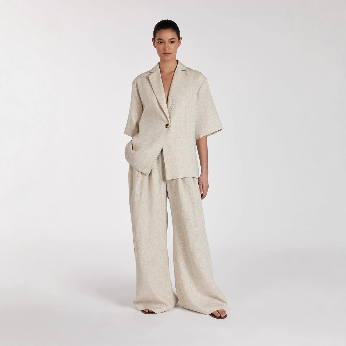 Women's Clothing Spring And Summer New Linen Commuter Suit Women's Lapel Five Point Sleeve Cardigan Top Loose Wide Leg Pants Two Piece Suit
