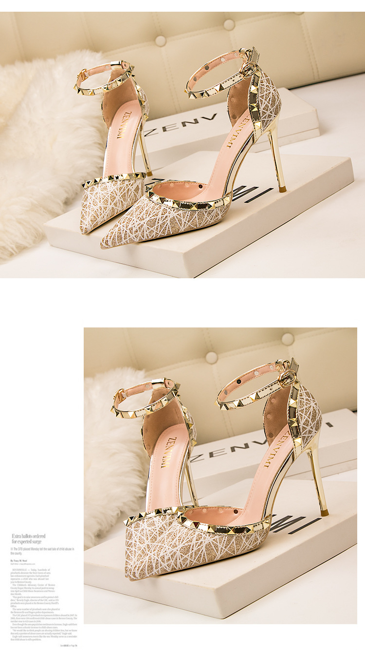 9288-20 Sexy Abnehmen Stiletto Nachtclub Damen Schuhe High Heels Flach Spitzschuh Hohl Niet Strap Sandalen_voghion.com